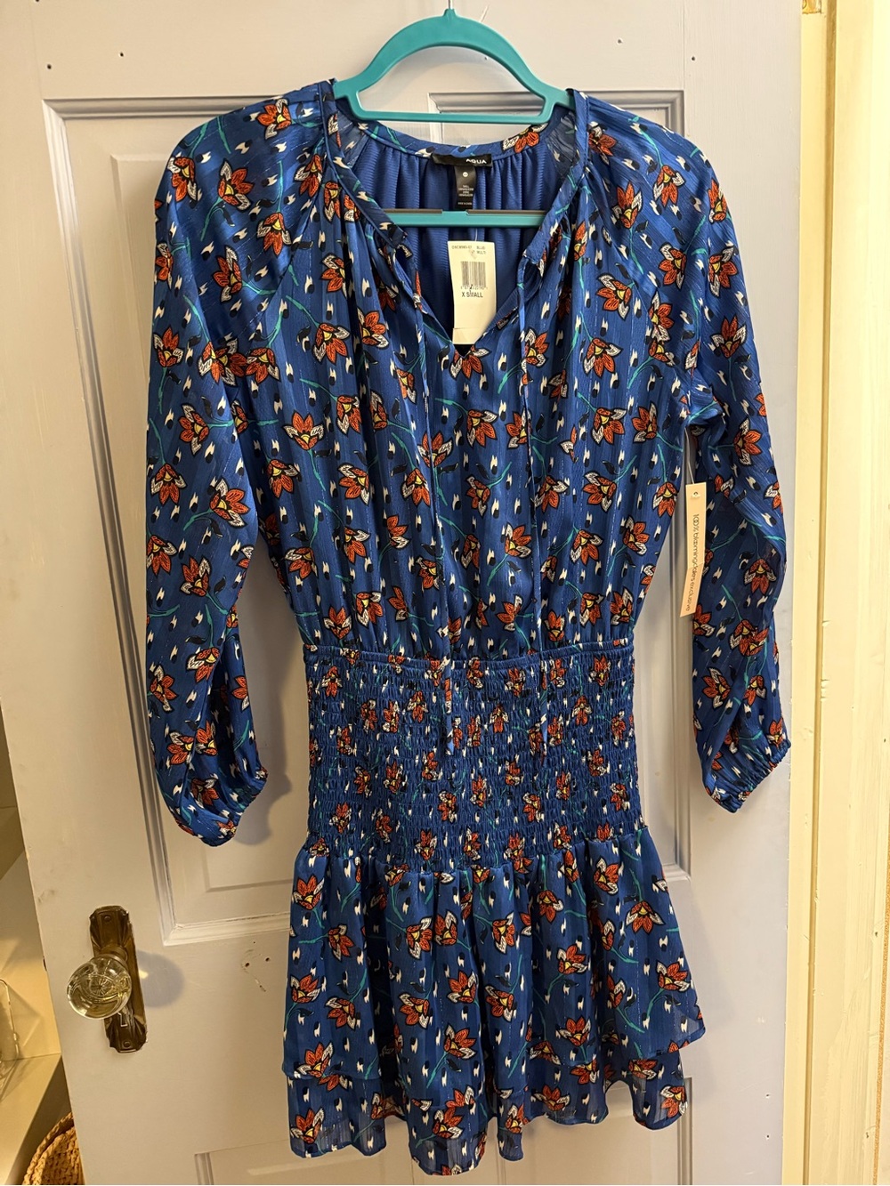 Aqua Woman Blue Floral Smocked Waist Dress